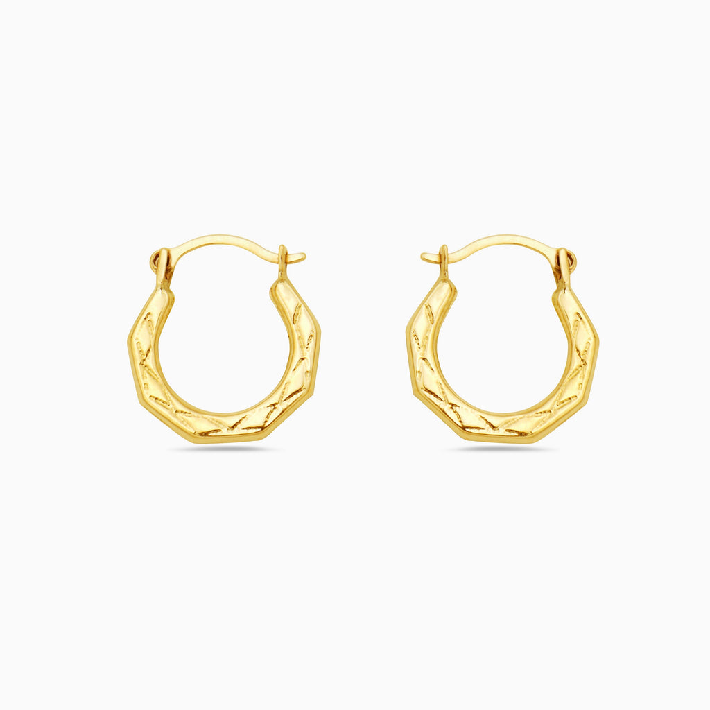 Solid Gold Oval Fancy Design Mini Hoop Earrings
