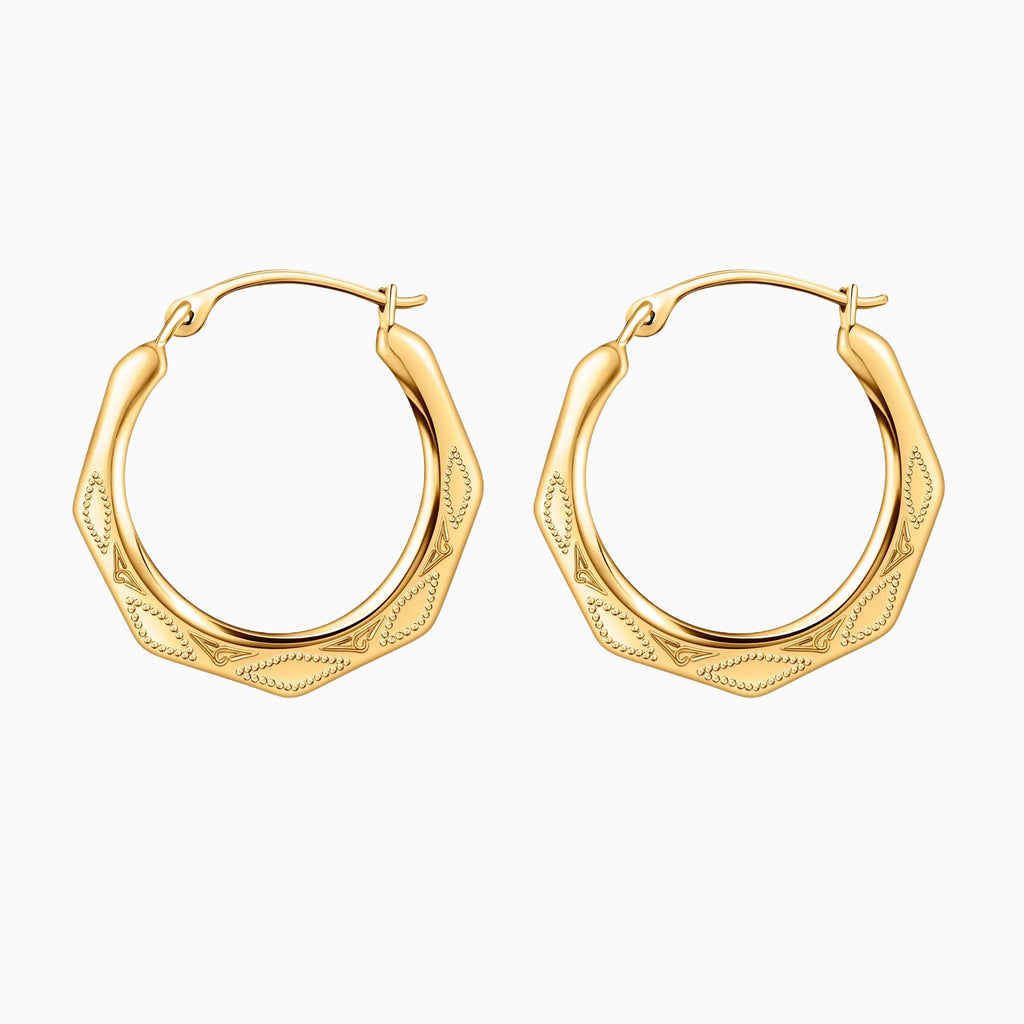 10K Gold Diamond Cut Hexagonal Hoop Earrings
