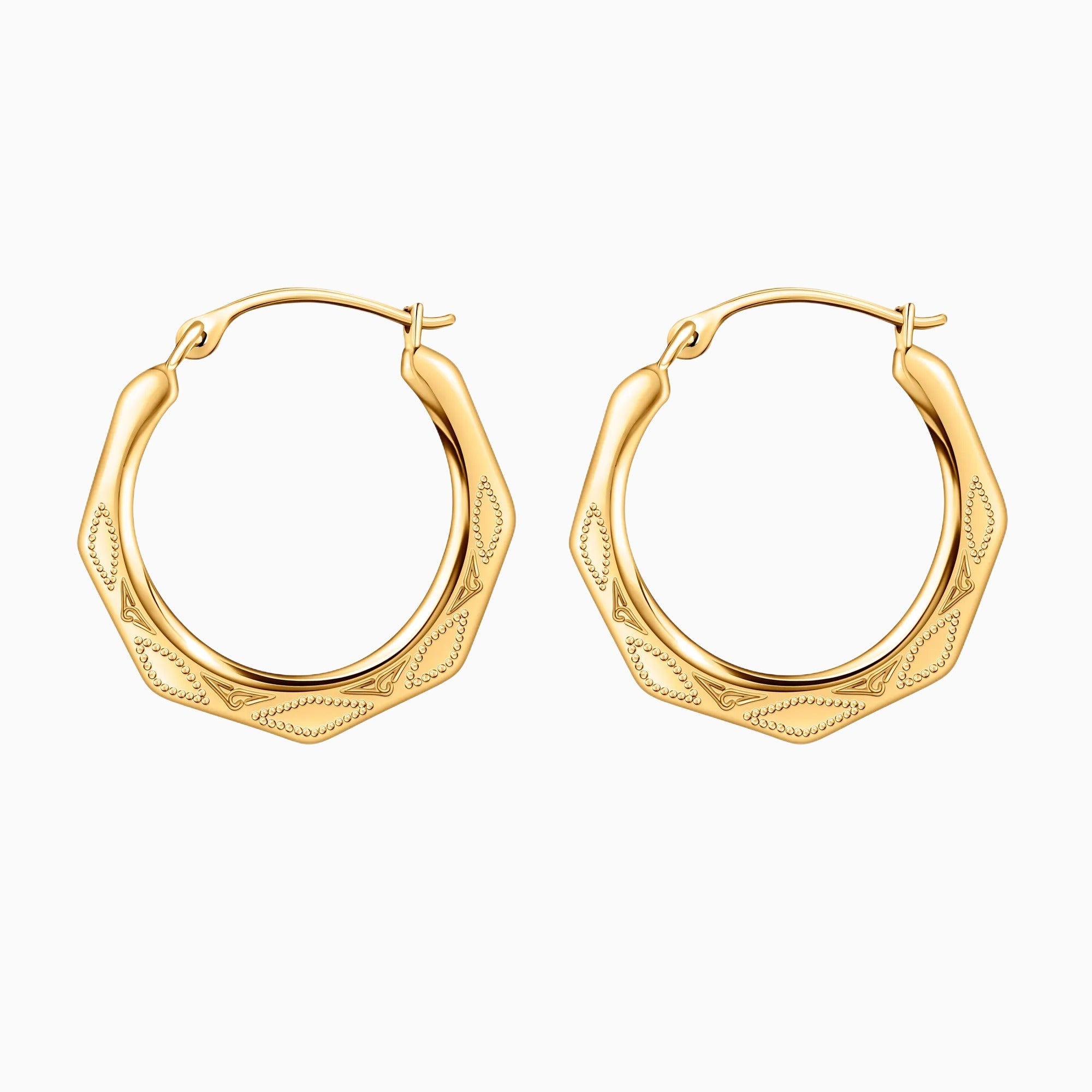 10K Gold Diamond Cut Hexagonal Hoop Earrings