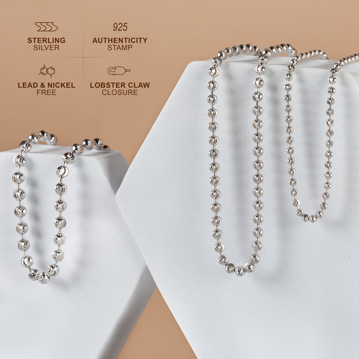 Silver 3MM Moon Cut Bead Chain Necklaces
